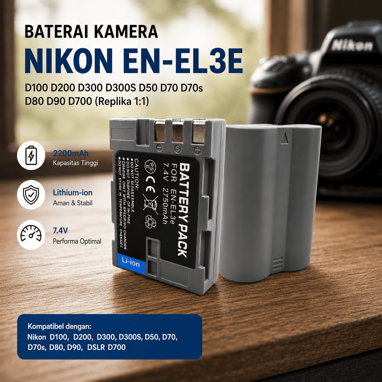 Baterai Kamera NIKON D100 D200 D300 D300S D50 D70 D70s D80 D90 D700 - EN-EL3E (Replika 1:1)