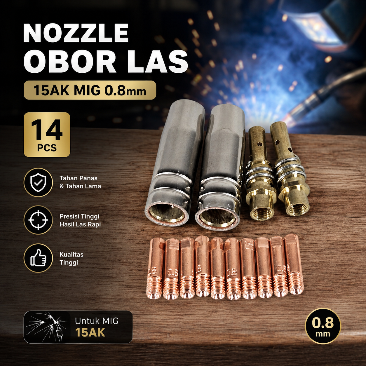 JINHU Nozzle Obor Las Welding Torch Tip Holder 15AK MIG 0.8mm 14PCS - MB15