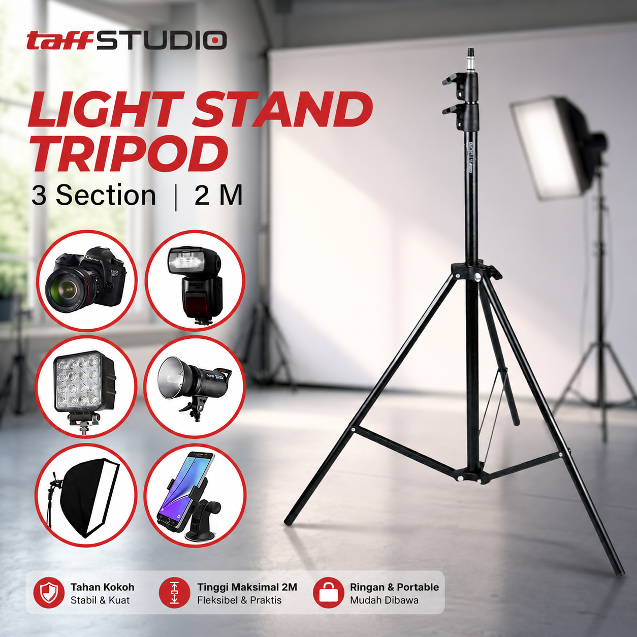 TaffSTUDIO Tripod Light Stand Portable 3 Section Studio Lighting 2M - SN303
