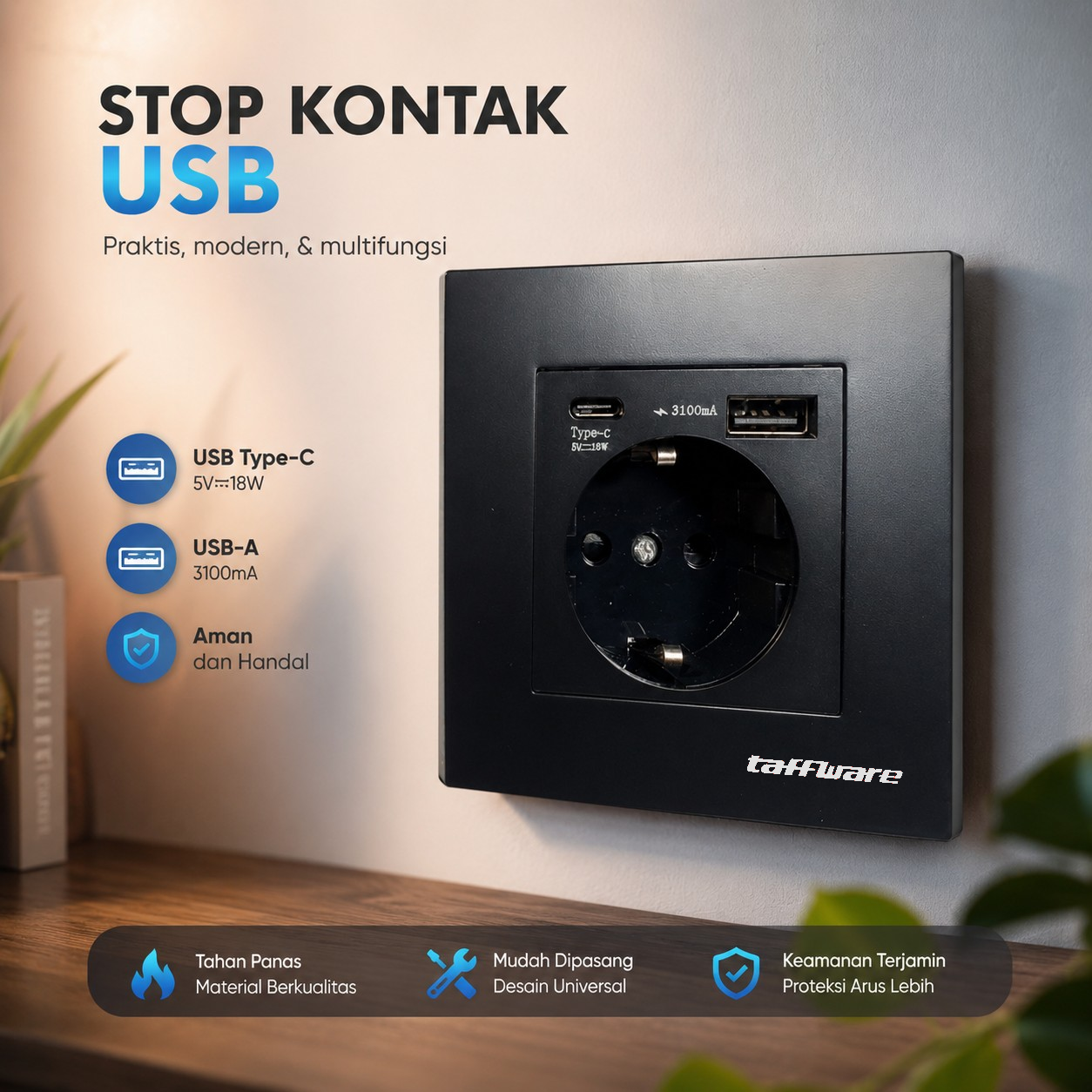 Taffware Stop kontak Dinding USB Type C Soket Listrik Square Wall - HB16