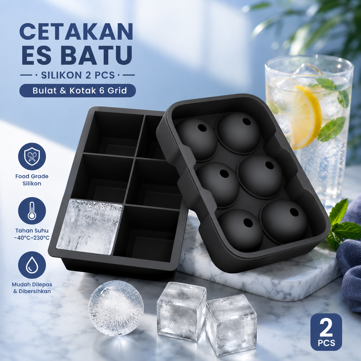 Winzwon Cetakan Es Batu Silikon Bulat Kotak 6 Grid Ice Cube Tray 2 PCS - CW76685