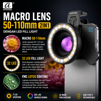 APEXEL Lensa Kamera HP 2in1 Macro Lens 50-110mm with Light - APL-HB100UFL26