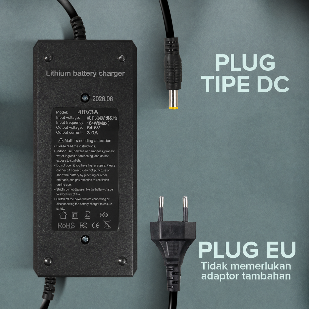 JNENCONN Adaptor Charger Baterai Skuter Sepeda Listrik DC 54.6V 3A - 48V3A