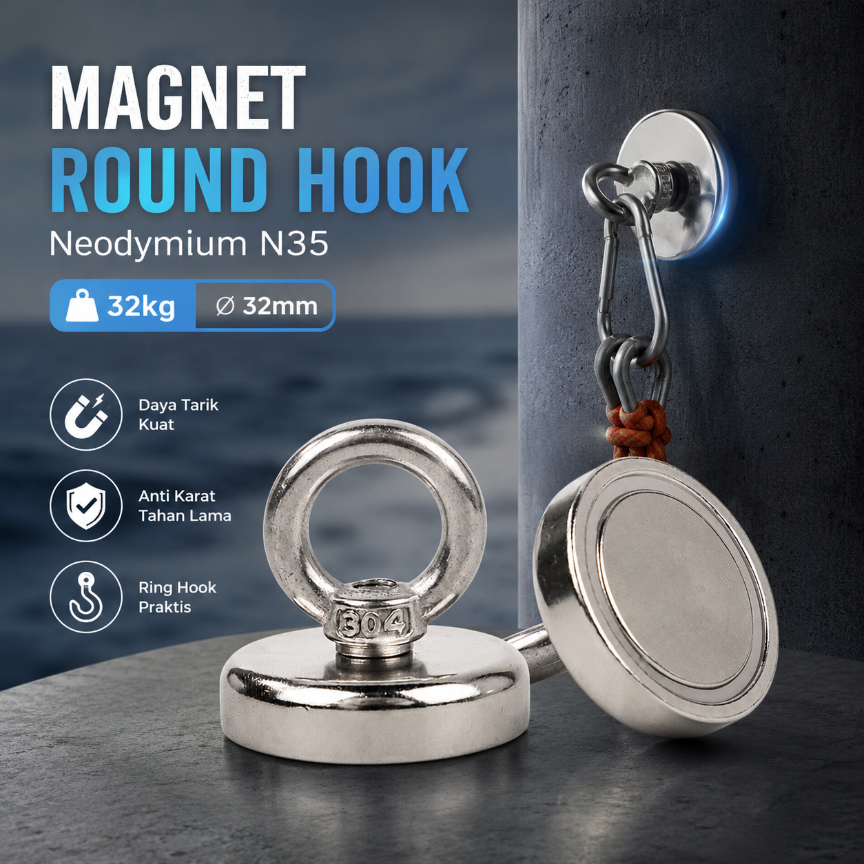 LIXIU Magnet Gantungan Round Hook Strong Neodymium 32kg 32mm - SNJ32