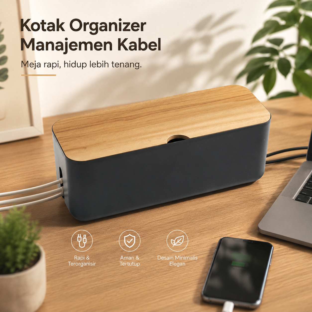 CARPRIE Kotak Kayu Organizer Manajemen Kabel Charger - FT-100