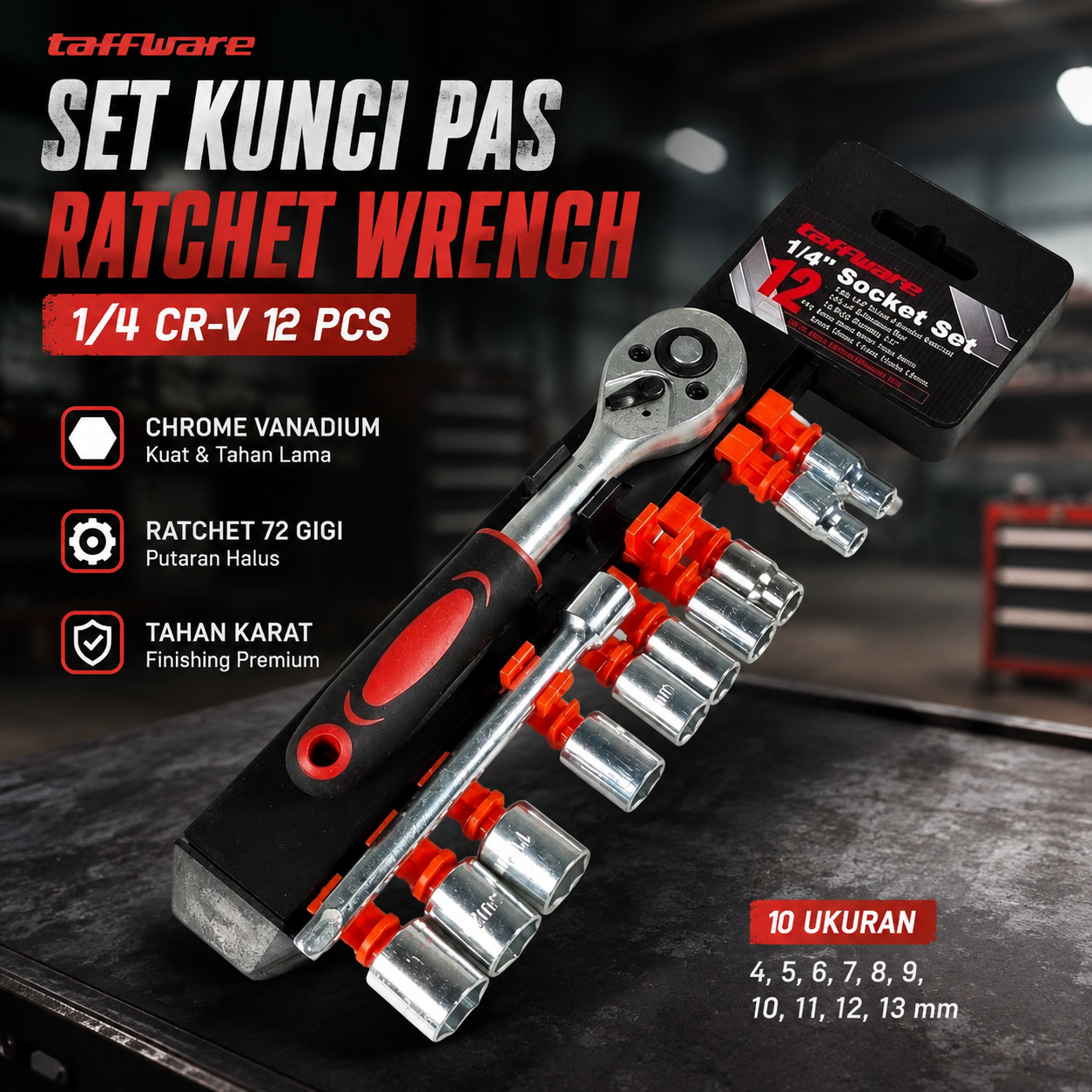 Taffware Set Kunci Shock Ratchet Wrench 1/4 Handle Drive CR-V 12 PCS