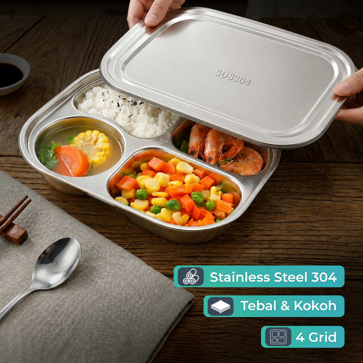 WIMPY Piring Makan Stainless Steel Tray Fast Food 4 Grid - W-005