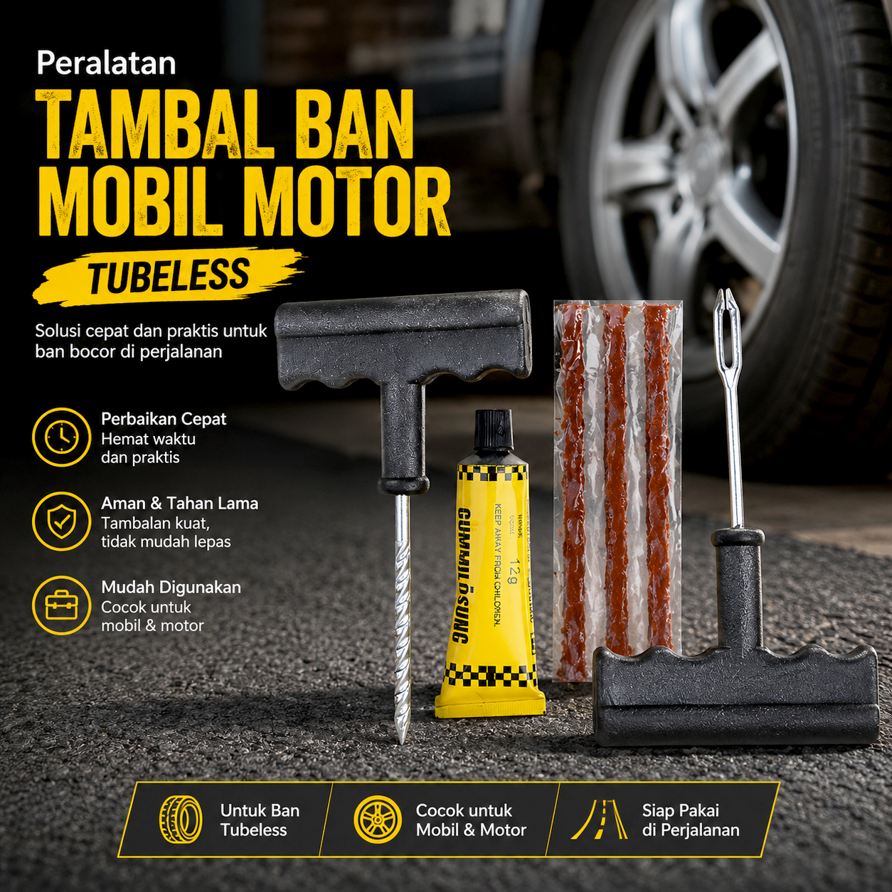 OTOHEROES Peralatan Tambal Ban Mobil Sepeda Motor Tubeless - KBTB02