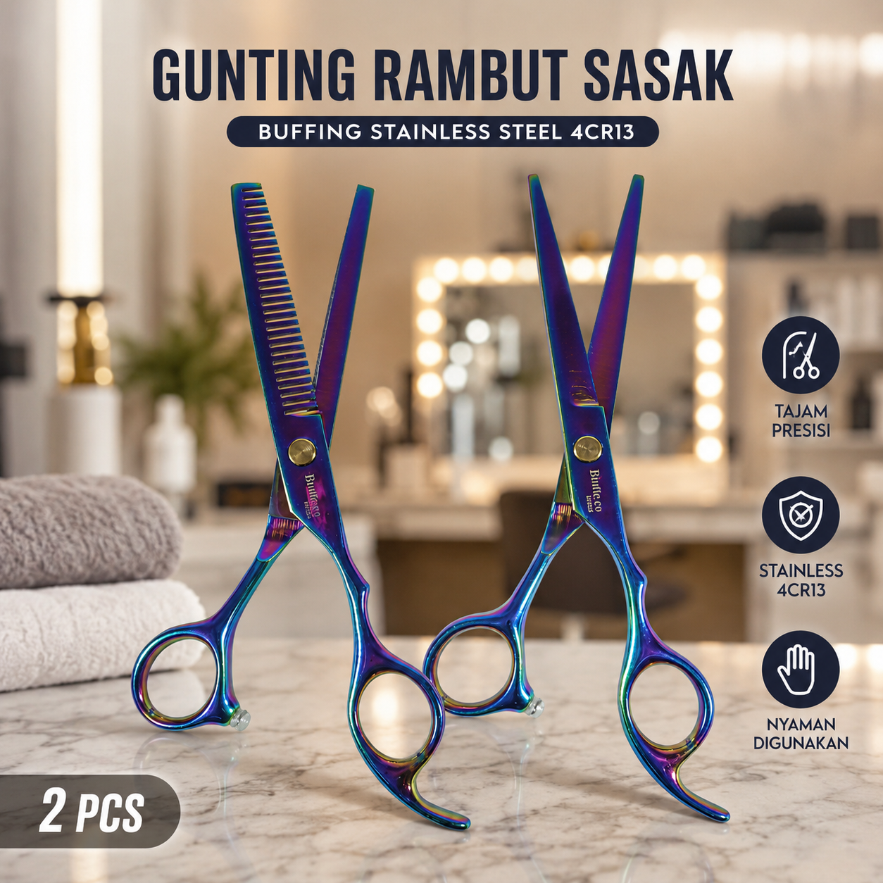 Biutte.co Gunting Rambut Lurus Sasak Buffing Stainless Steel 2 PCS - M1325