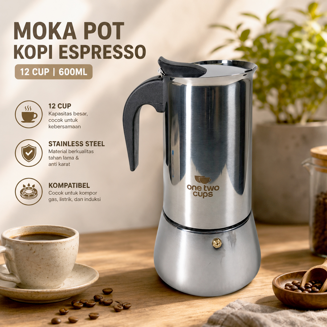 One Two Cups Moka Pot Espresso Coffee Maker Stovetop 12 Cup - Z21