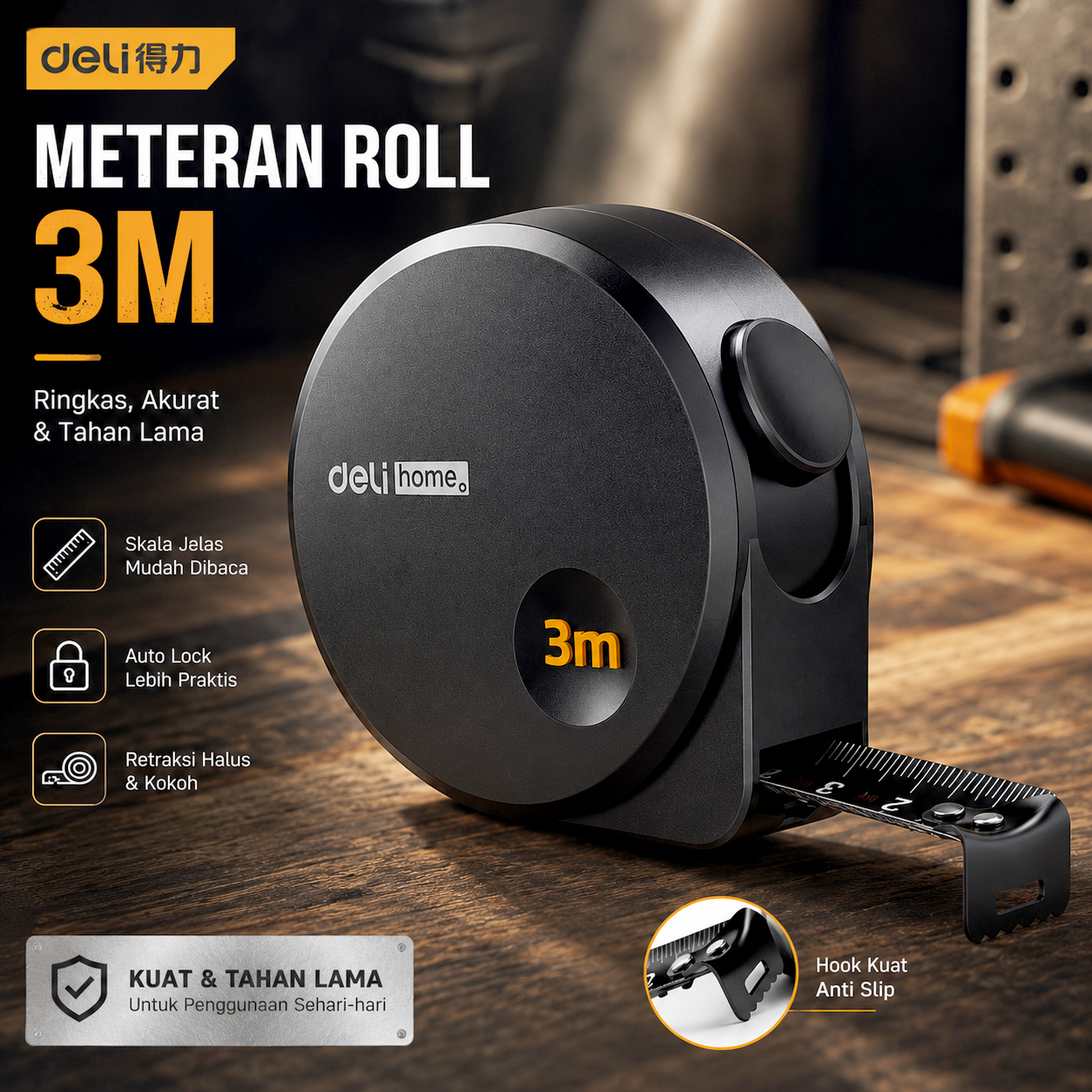 Deli Home Meteran Roll High Precision Self Lock Tape Measure 16mm 3M - HT8316