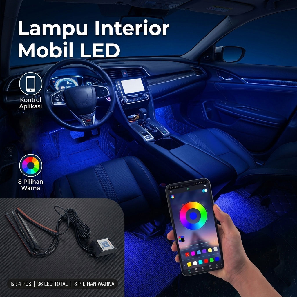 JIAMEN Lampu LED Strip Flexible Car Light Smart App USB 8 Color 4 PCS - J72
