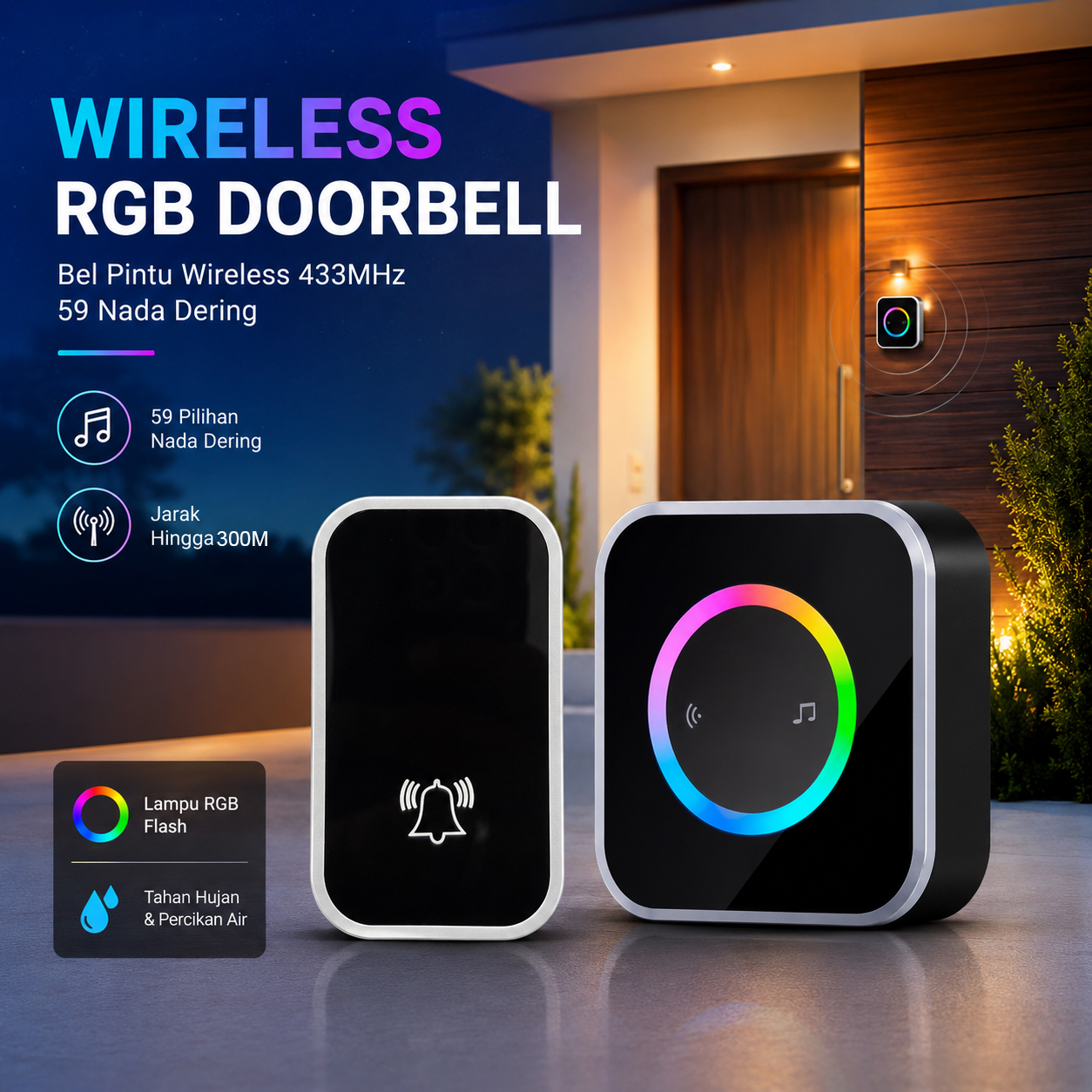 Zheyi Bel Pintu Wireless Door Bell Waterproof RGB EU Plug 59 Chimes - D88