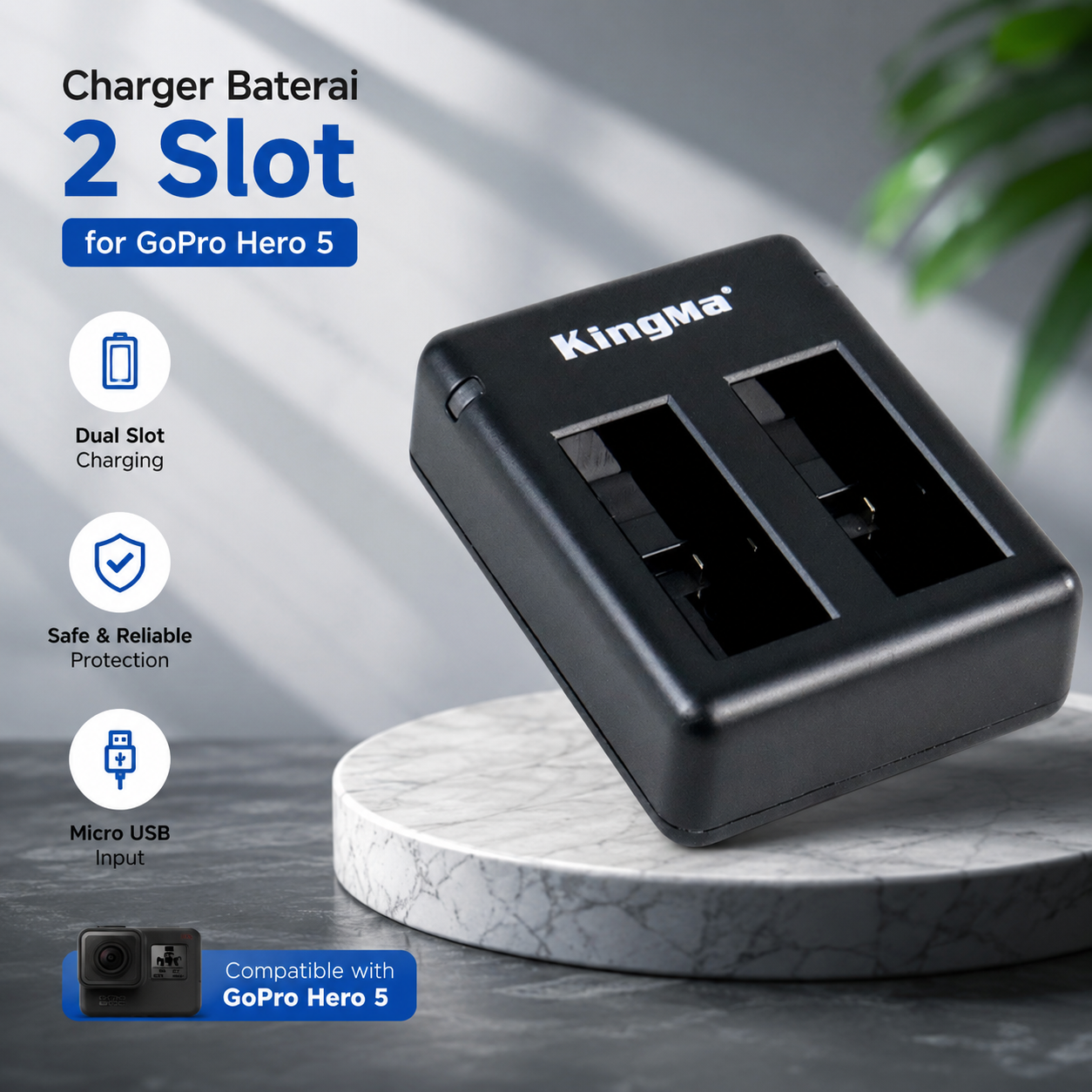KingMa Charger Baterai Micro USB Type C 2 Slot for GoPro Hero 5 - BM042
