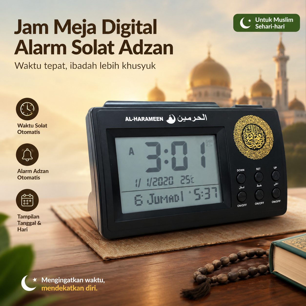 AL-HARAMEEN Jam Meja Digital Alarm Adzan Muslim Prayer Watch Clock - HA-3006