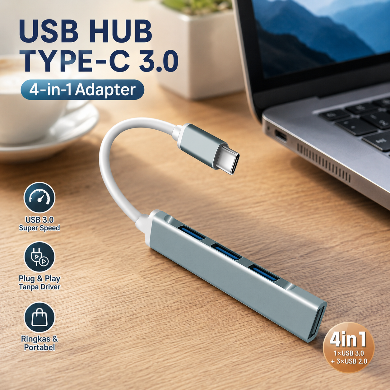 Taffware USB HUB Type C 3.0 Adapter 4in1 USB 3.0 dan USB 2.0 - C809