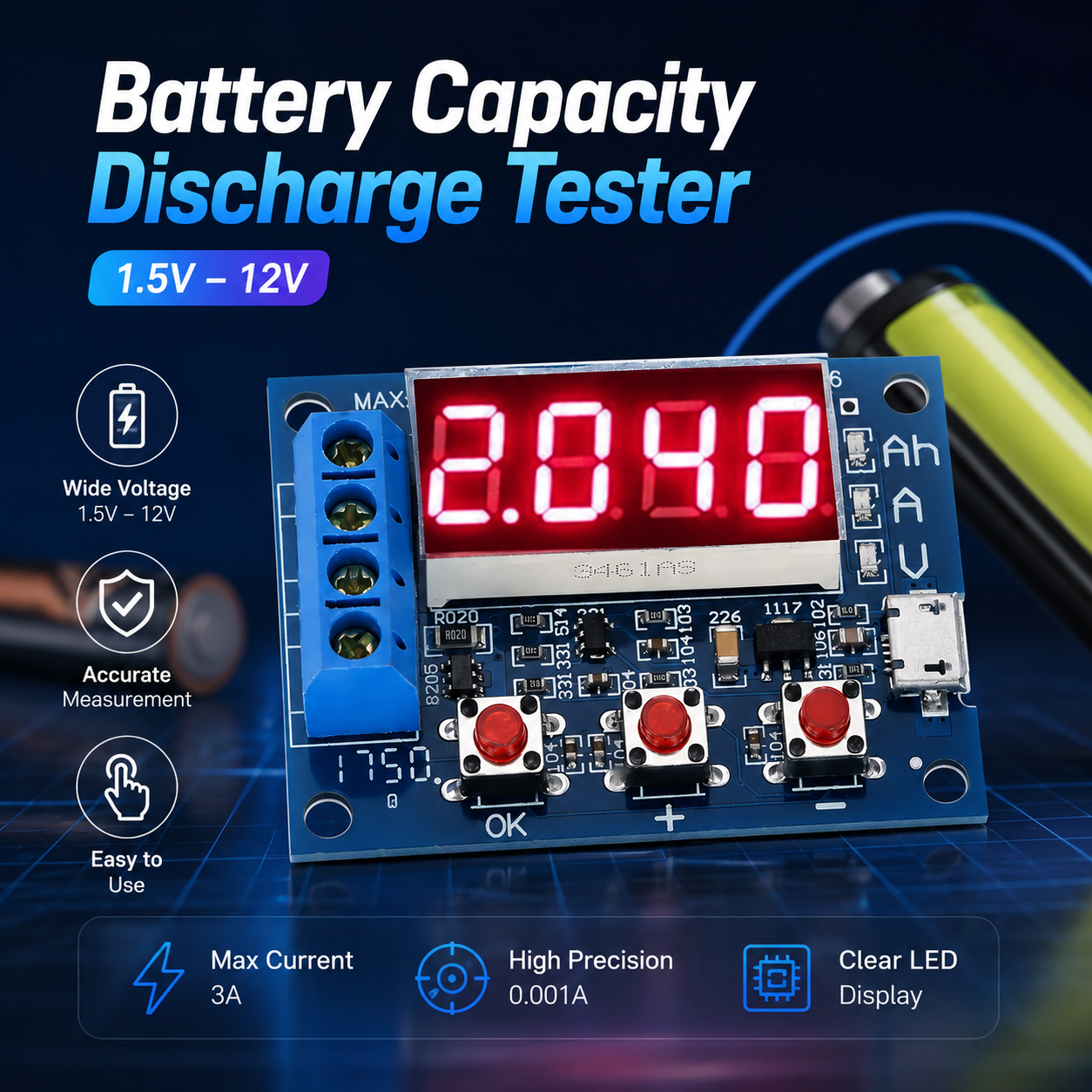 ZHIYU Battery Capacity Meter Discharge Tester 1.5v-12v for 18650 - HW-586