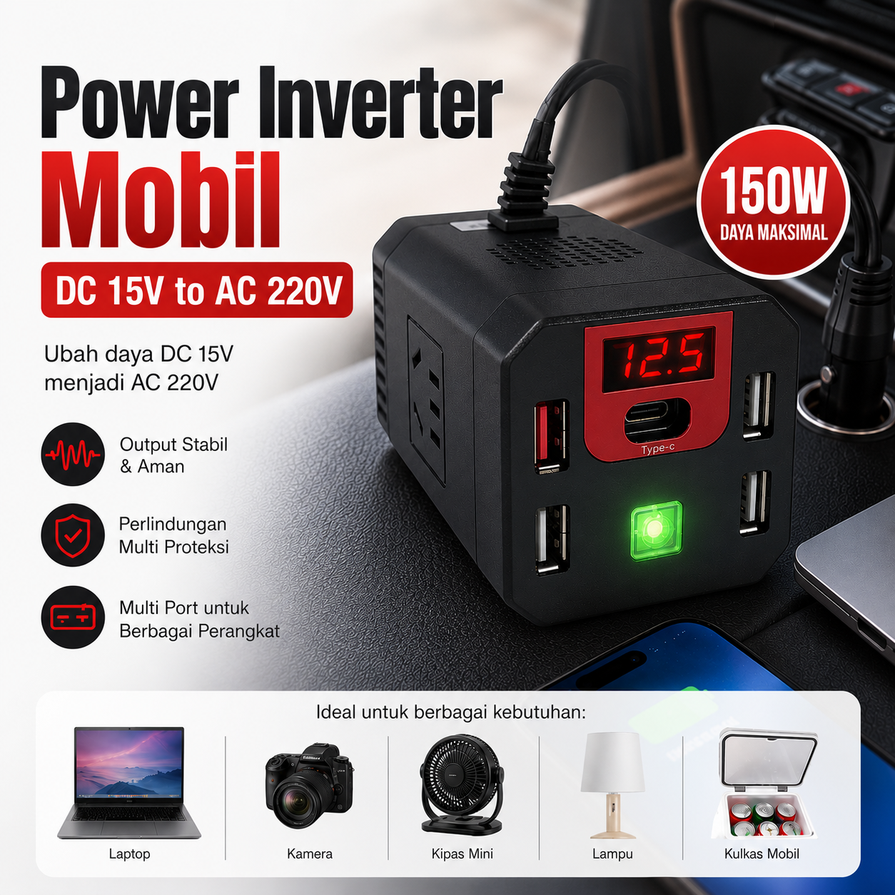 PULIXIN Car Power Inverter 15V to AC 220V Power Conversion Sedan SUV - P-12