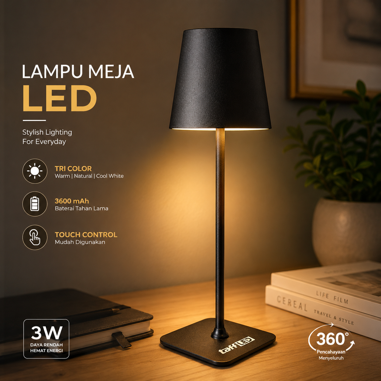 TaffLED Lampu Meja Hias Touch LED Desk USB Rechargeable Tri Color 3W - J420