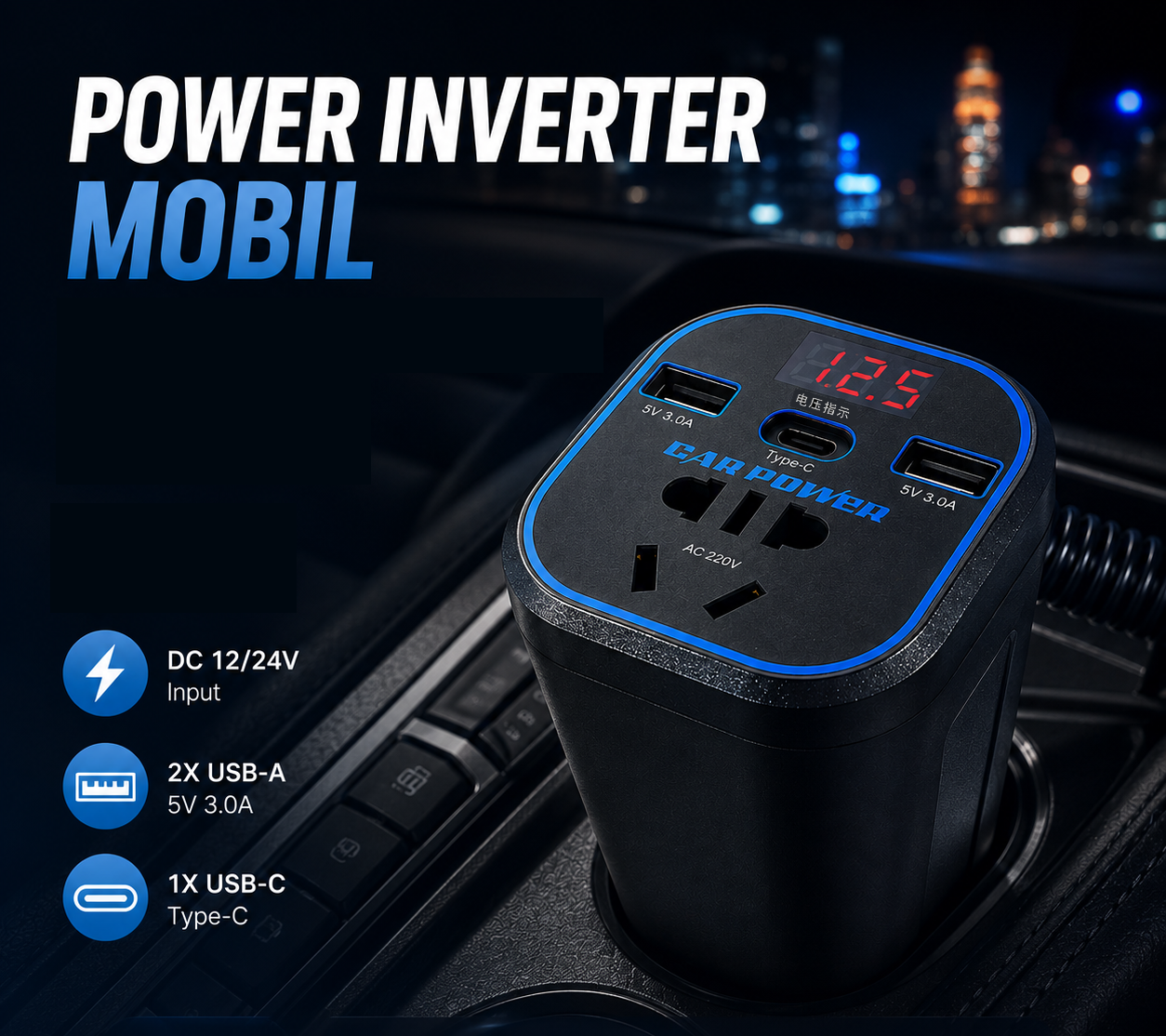 PULIXIN Car Power Inverter DC to DC 12/24V to 110/220V LED Display - PL-125
