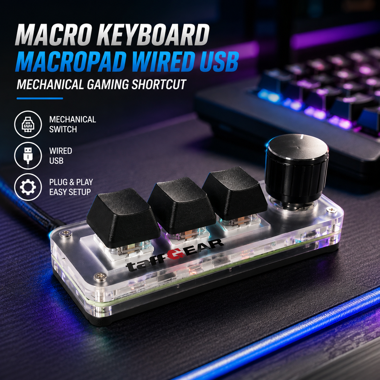 VODOOL 3 Key Mechanical Keyboard USB Gaming Shortcut with Knob - VD3