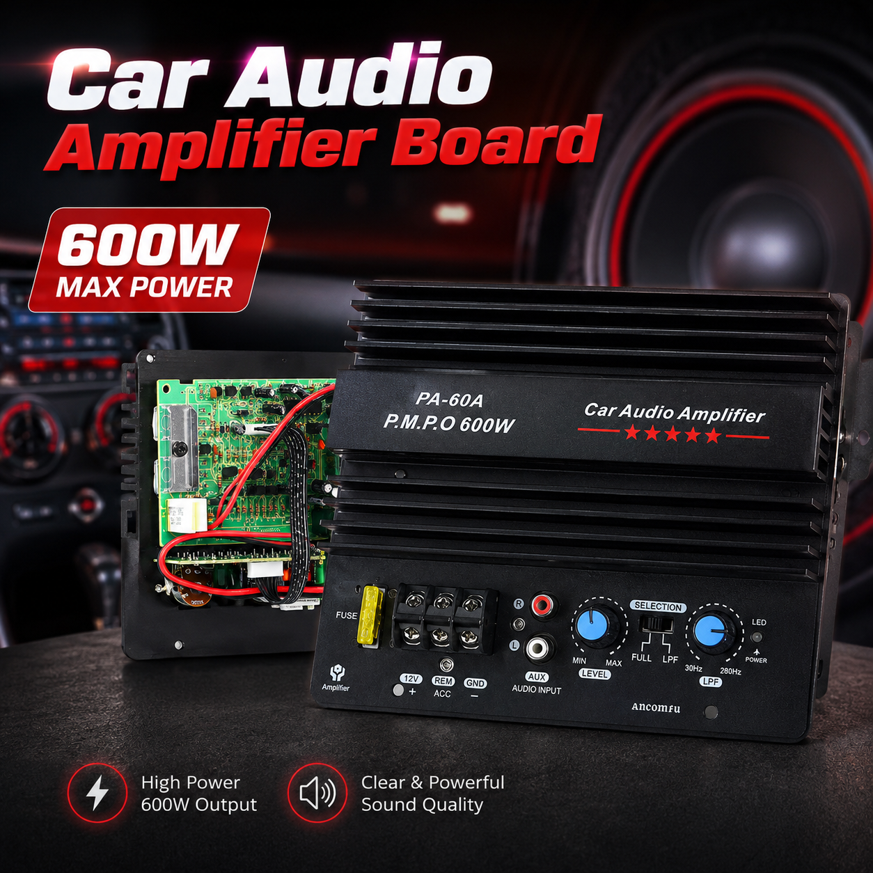 Ancomfu Mono Car Audio Amplifier Board Subwoofer Bass Module 600W - PA-60A