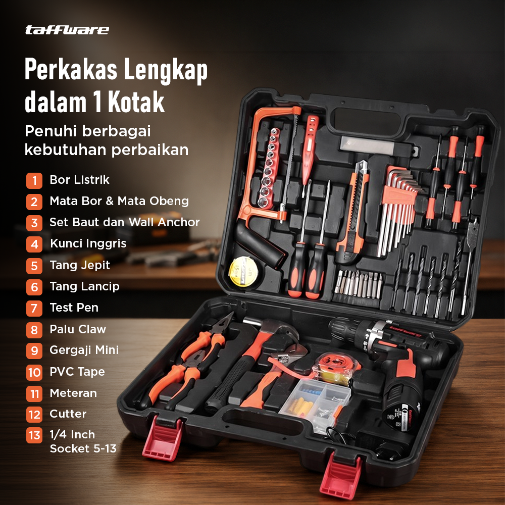 Taffware Alat Set Bor Listrik Palu Tang Obeng Kunci Inggris 57 in 1 - TZ168