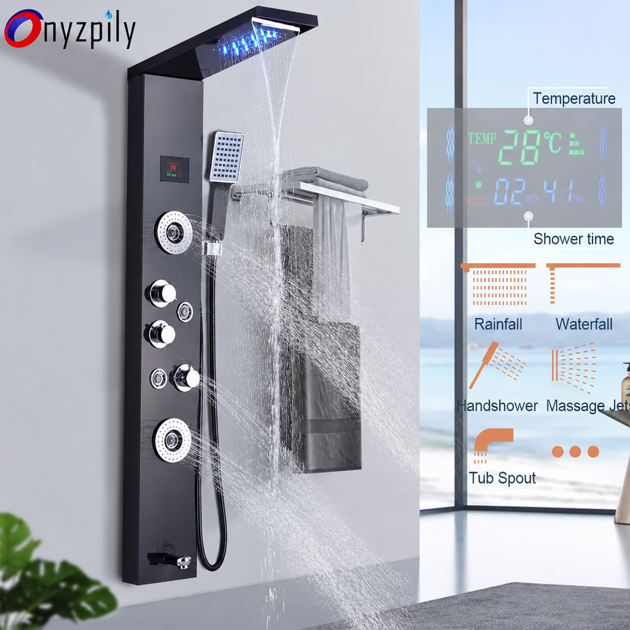 Onyzpily Shower Mandi Panel LED Temperature Screen Wall Mounted - 8006
