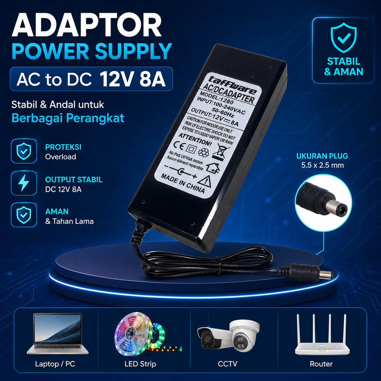 Taffware Adaptor Power Supply Converter AC to DC 12V 8A LED Strip - 1280