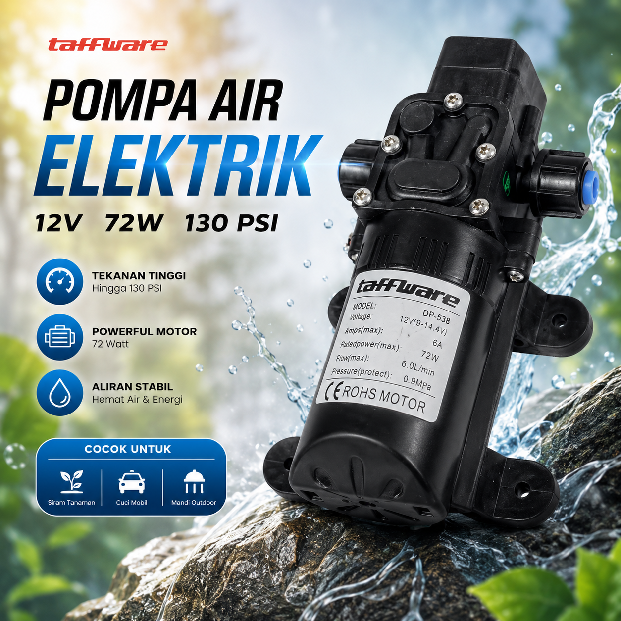 Taffware Pompa Air Elektrik Diaphragm Pump 12V 72W 130 PSI - DP-538