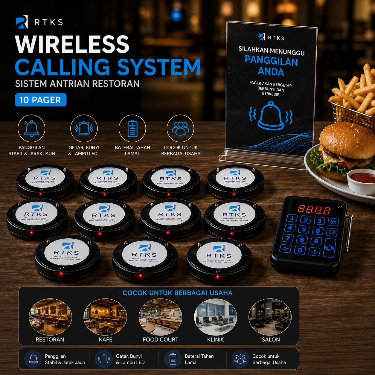 RTKS Wireless Calling System Restaurant Mesin Antrian 10 Pager - LFTZ44