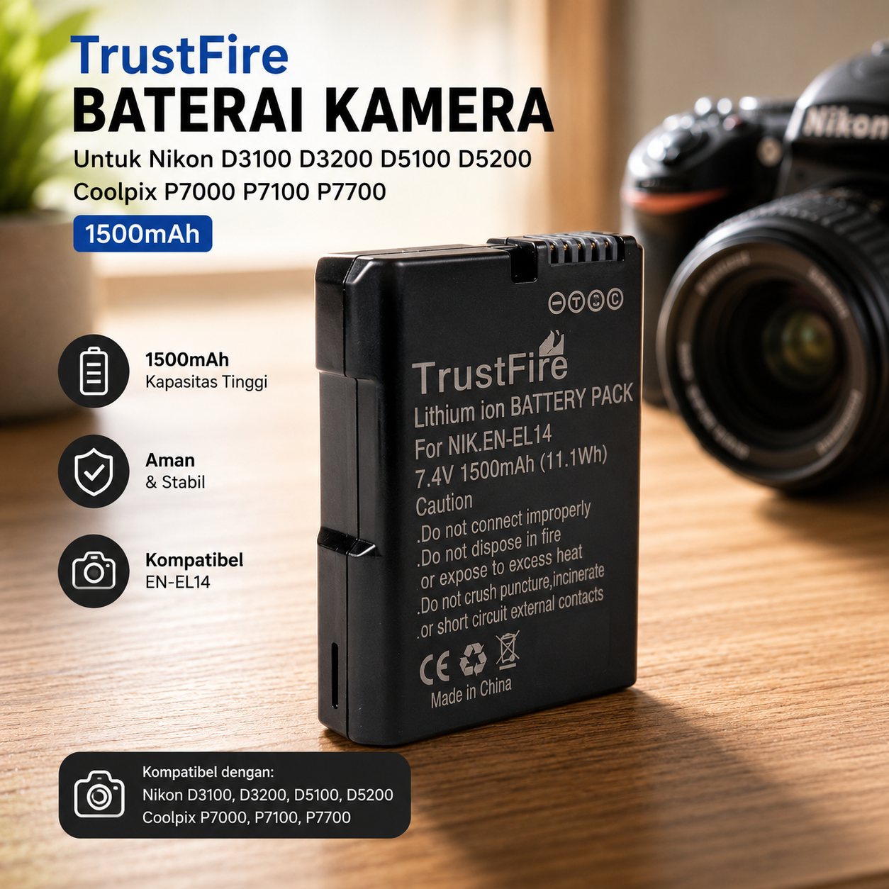 TrustFire Baterai Kamera Nikon 1500mAh - EN-EL14 (Replika 1:1)