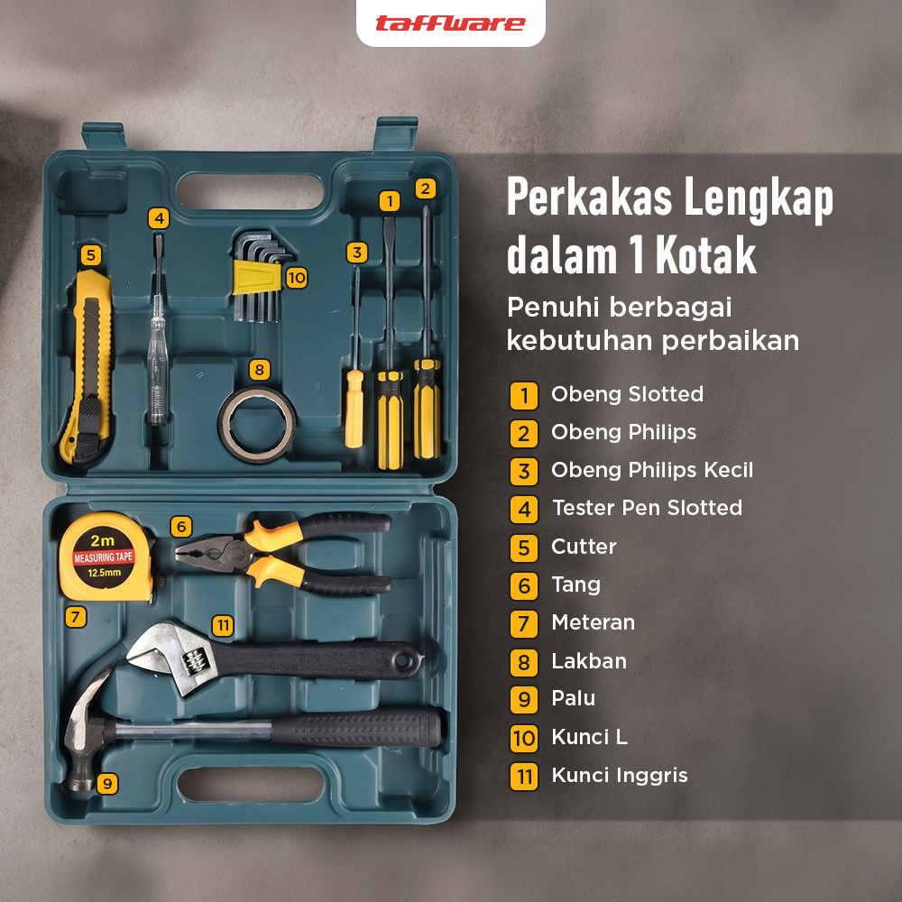 Taffware Alat Set Perkakas Palu Tang Obeng Kunci Pas 15 in 1 - YL-8016