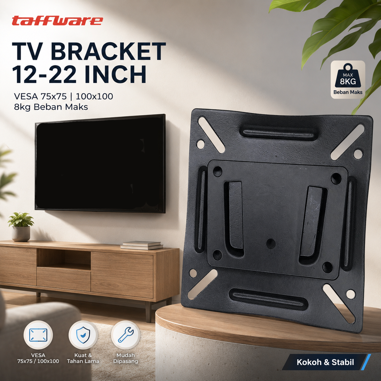 Taffware Bracket TV Dinding 12-22 Inch VESA 75x75 100x100 8kg