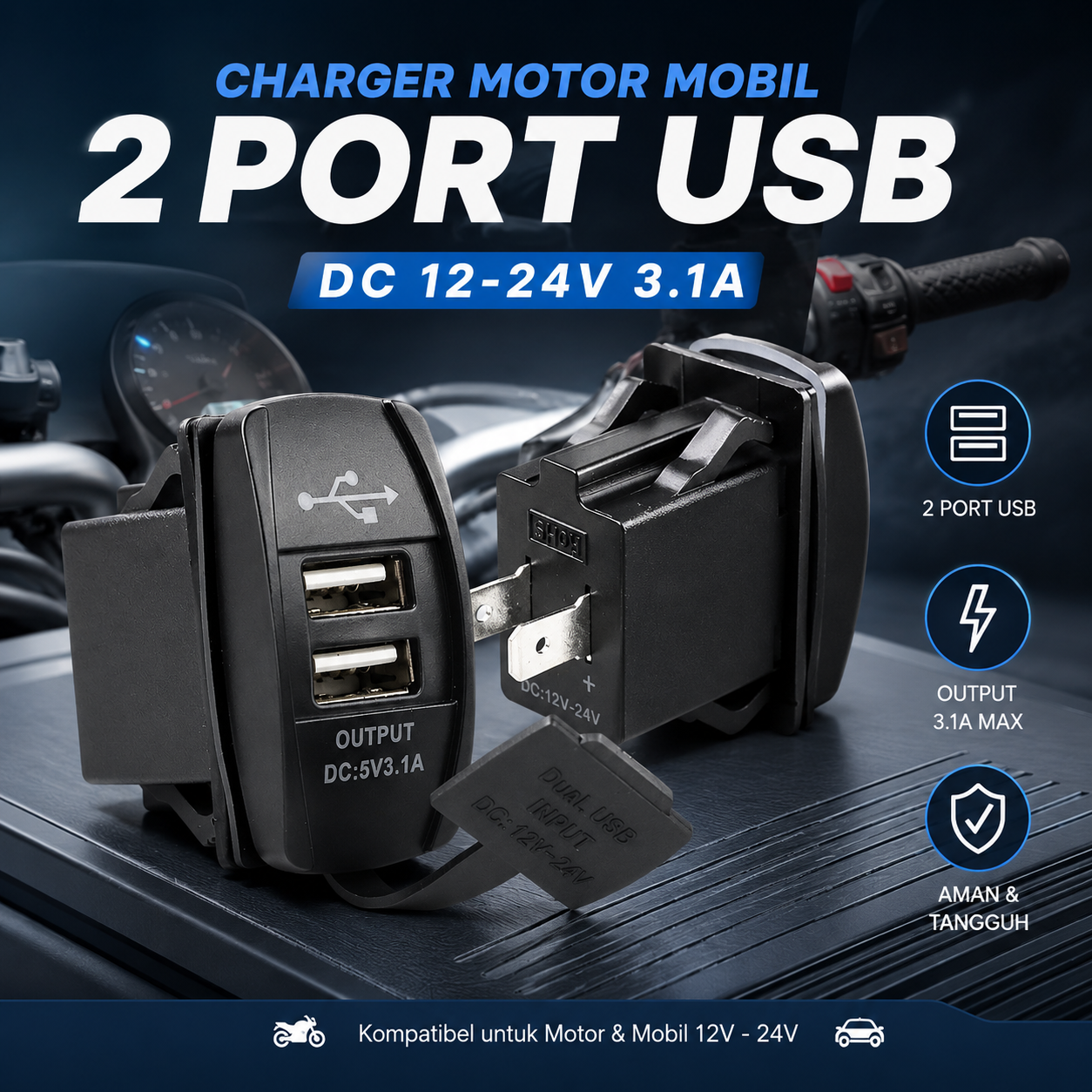 YCCPAUTO USB Charger Motor Mobil 2 Port DC 12-24V 3.1A - CJ-L040