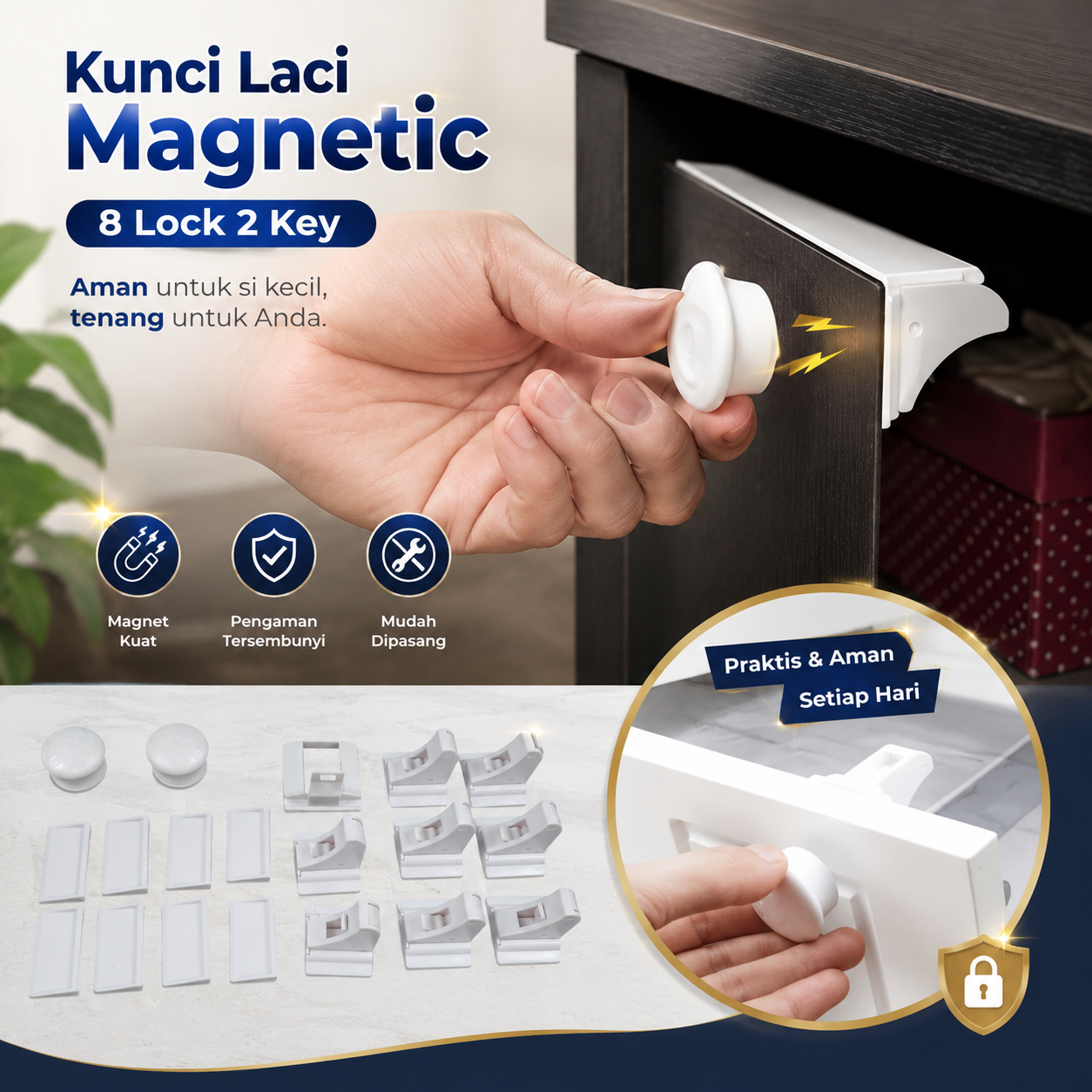 TaffHOME Kunci Laci Lemari Magnetic Safety Kids Drawer 8 Lock 2 Key - LK-004-KB