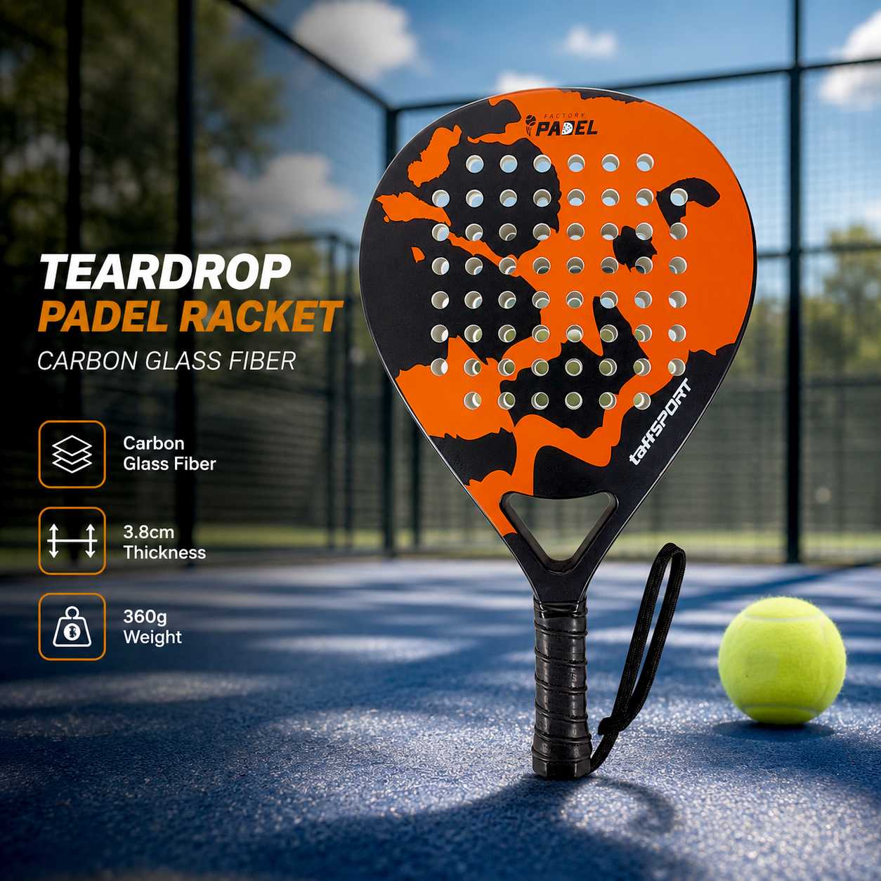 Material Raket Padel Jual TaffSPORT Raket Padel Teardrop Carbon Glass Fiber 3.8cm