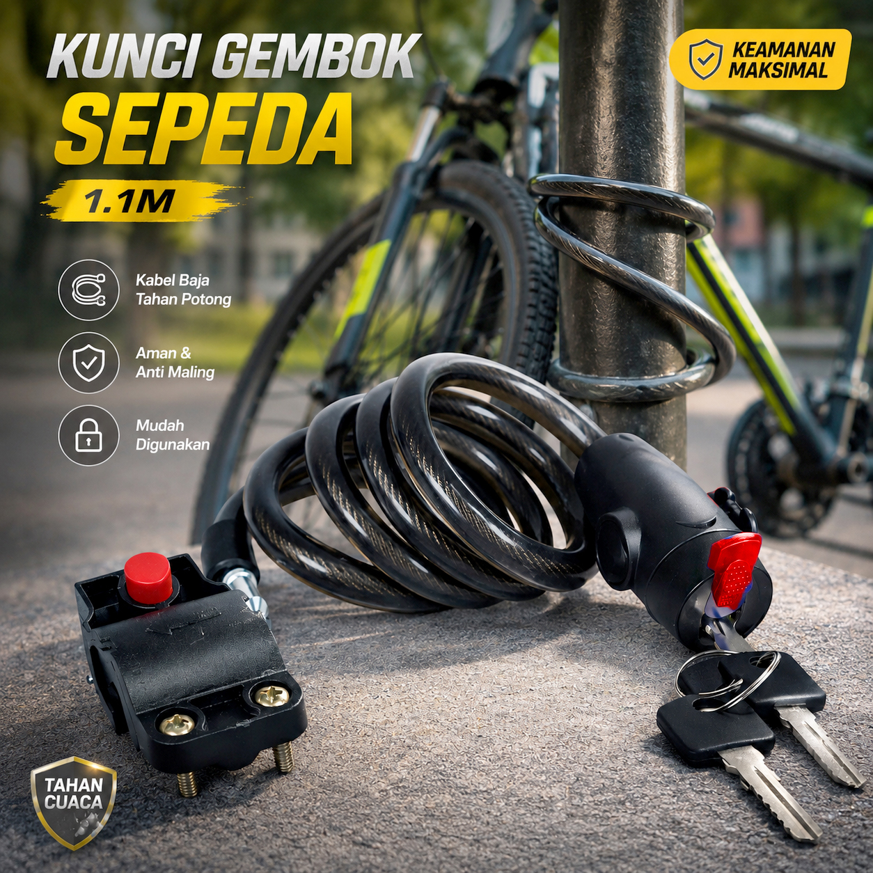 TaffGUARD Kunci Gembok Sepeda Spiral Anti Maling Stainless Steel 1.1M - GT85