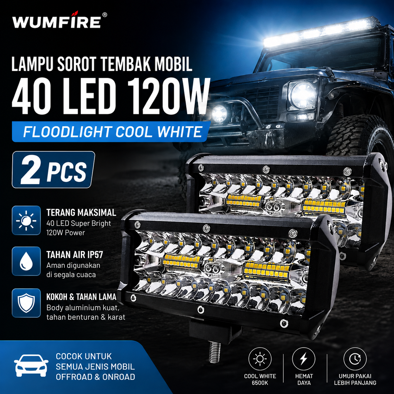 WUMFIRE Lampu Sorot Tembak Mobil Floodlight Cool White 40 LED 120W - WM40