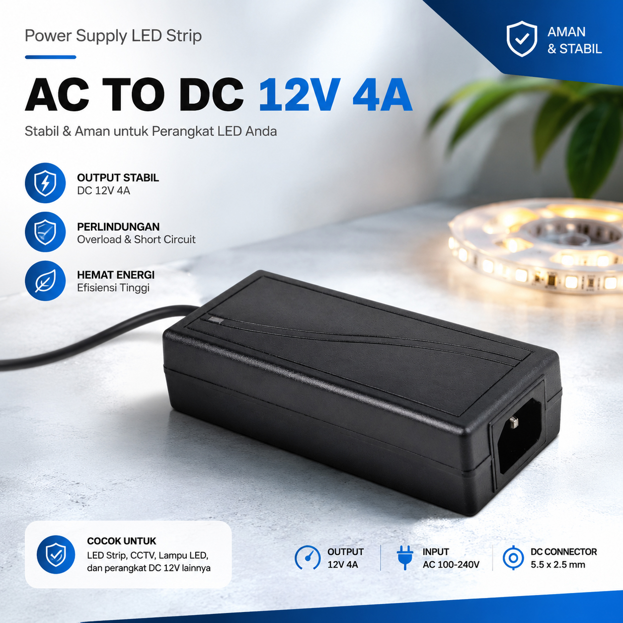 Taffware Adaptor Power Supply Converter LED Strip AC to DC 12V 4A - 1240