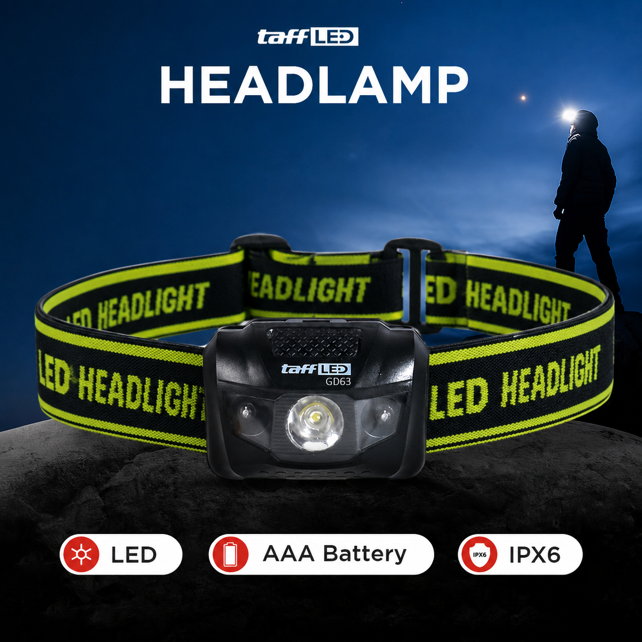 TaffLED Headlamp LED Outdoor Multifunction 3W Triple LED IPX6 - GD63