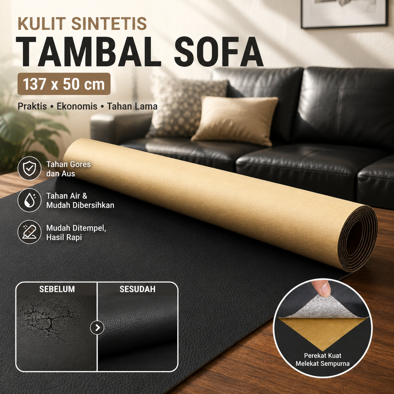 QJH Kulit Sintetis Tambal Sofa Self Adhesive Patches Sticker 137x50cm - RX278