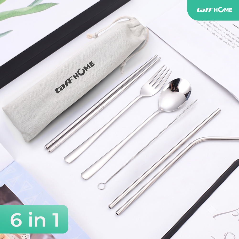 TaffHOME Set Perlengkapan Makan Sendok Garpu Sumpit Sedotan with Pouch - T10