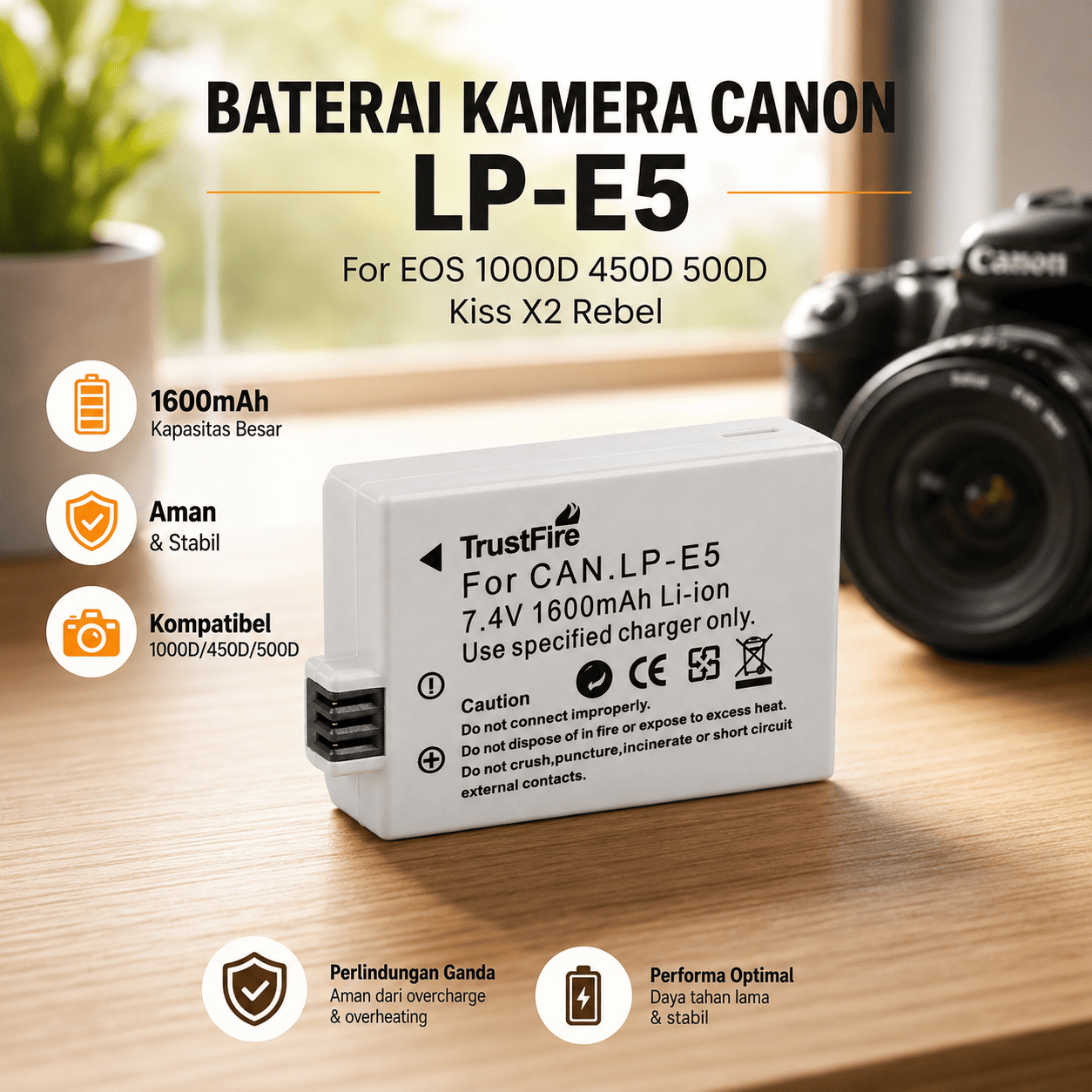 Baterai Kamera Canon EOS 1000D 450D 500D Kiss X2 X3 Rebel T1i - LP-E5