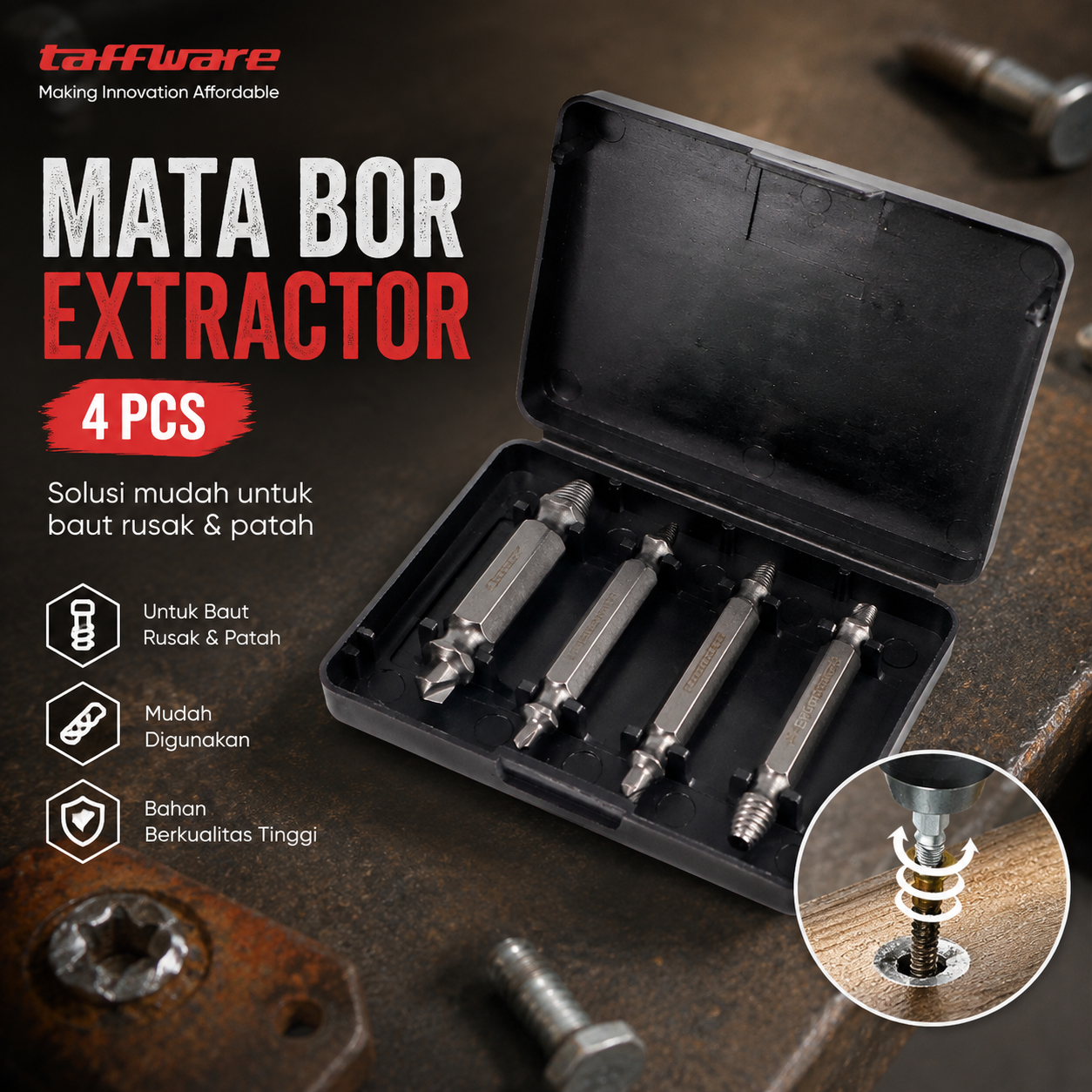 Taffware Mata Bor Screw Extractor Broken Striped Screw Remover 4 PCS - S2