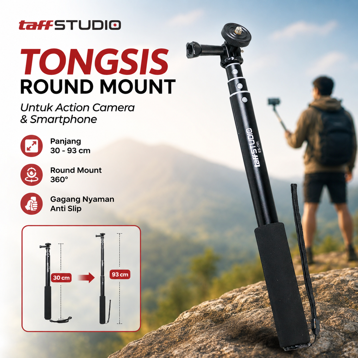 TaffSTUDIO Tongsis Monopod Round Mount for Action Camera / Smartphone - SS-101