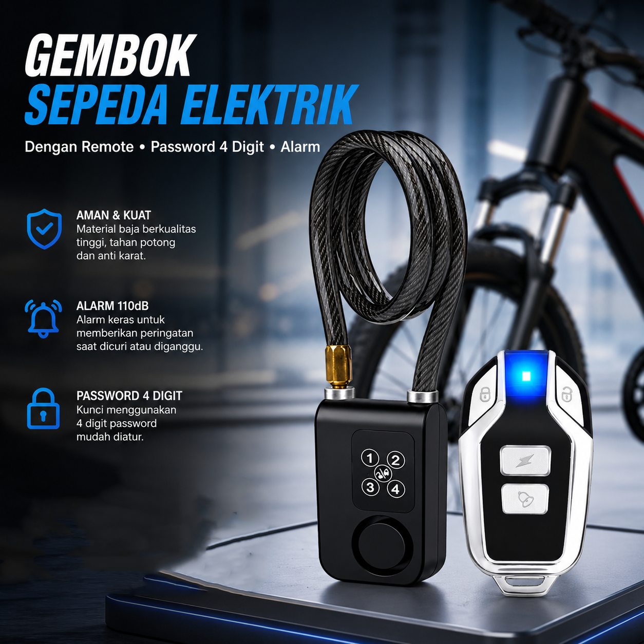 Zecure Gembok Sepeda Elektrik Anti Maling Alarm Lock 4Digit with Remot - Y787R