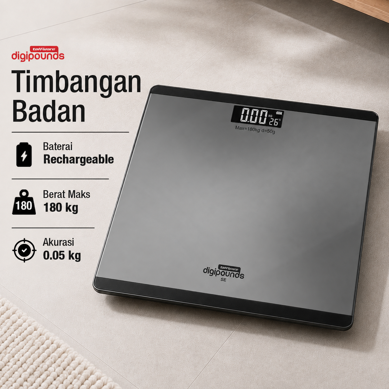 Taffware Digipounds Timbangan Badan Digital Scale Rechargeable 180kg - SE