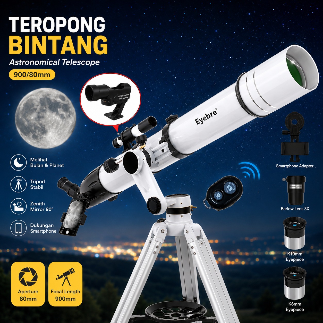 Eyebre Teropong Bintang Astronomical Telescope Zenith Mirror 900/80mm - 90080AZ16-W