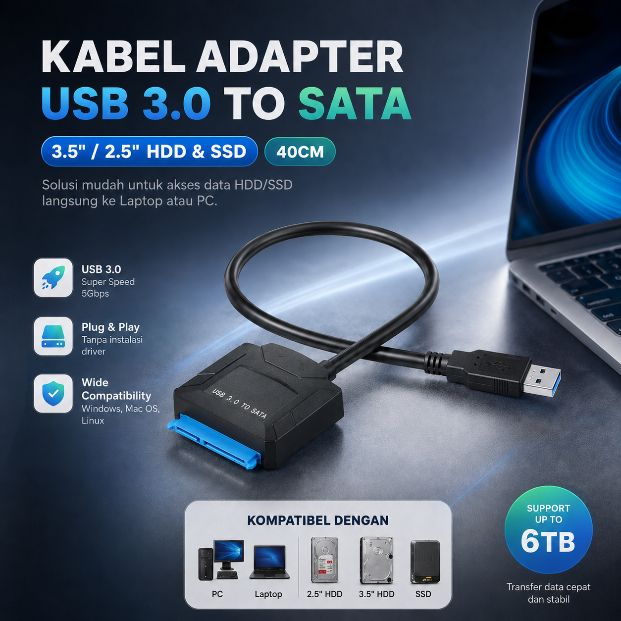 E-yield Kabel Adapter USB 3.0 to SATA for 3.5 / 2.5 Inch HDD SSD 40cm - ZD0004